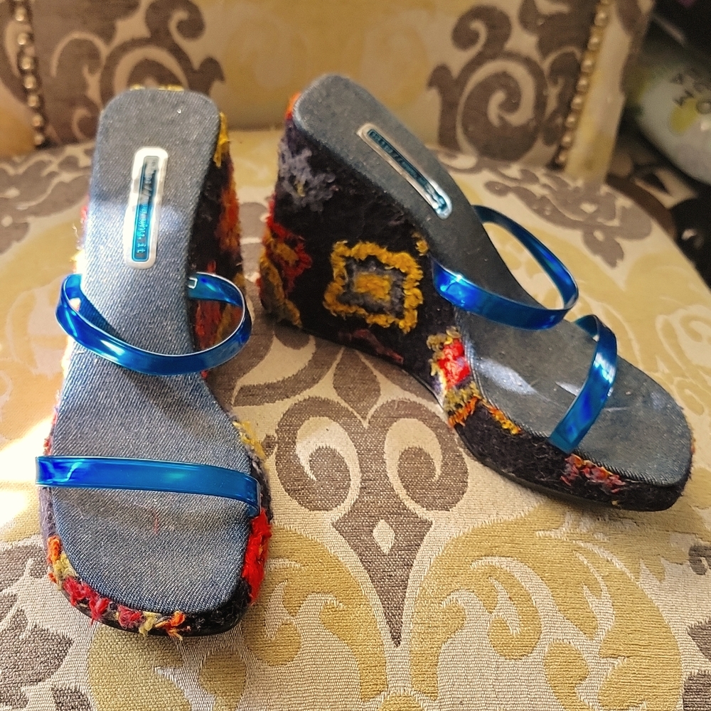 Vintage Retro with One Of A Kind reupholstered  fabric wedge heel.
